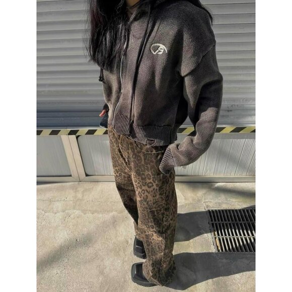 Y2K Leopard Jeans Women Men Baggy Cheetah Print Straight Leg Denim Casual - Picture 6 of 7